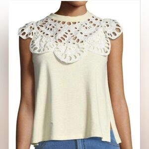 SEE BY CHLOE Sleeveless Cotton Top Shirt Eyelet Embroidered Ivory Size L